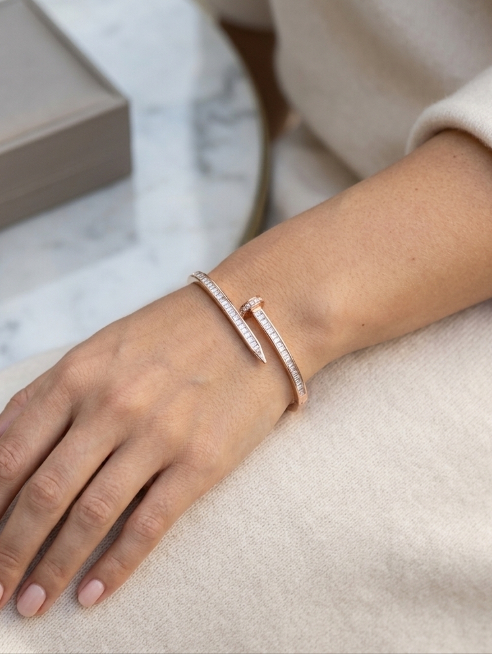 18k Rose Gold Over Stainless Steel Channel Set Cz Nail Bangle Bracelet 7.25"